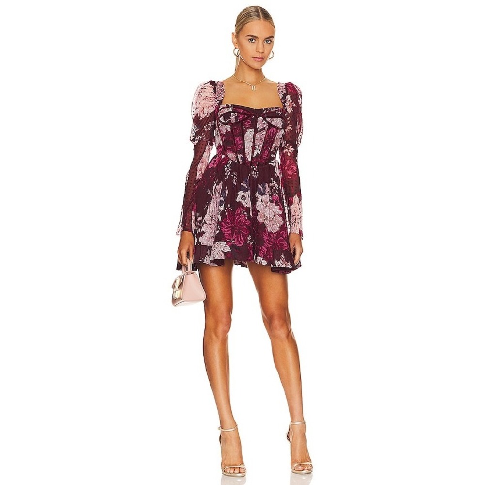 Revolve Bardot Evermore Corset Mini Burgundy Floral Velvet Trim Long Sleeve 4